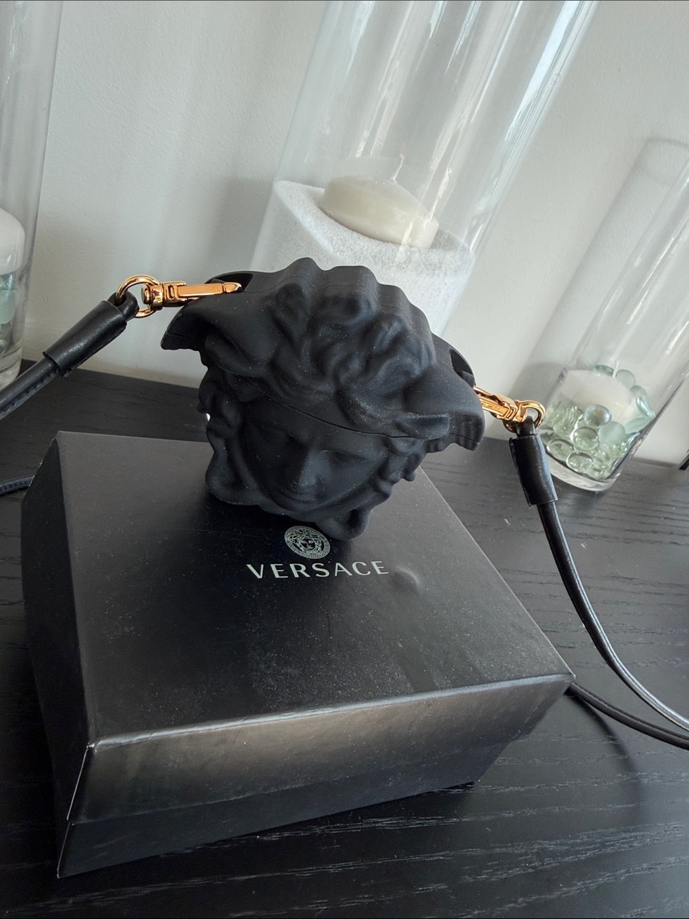Versace Black Medusa Head Crossbody AirPod Case with Gold Hardware